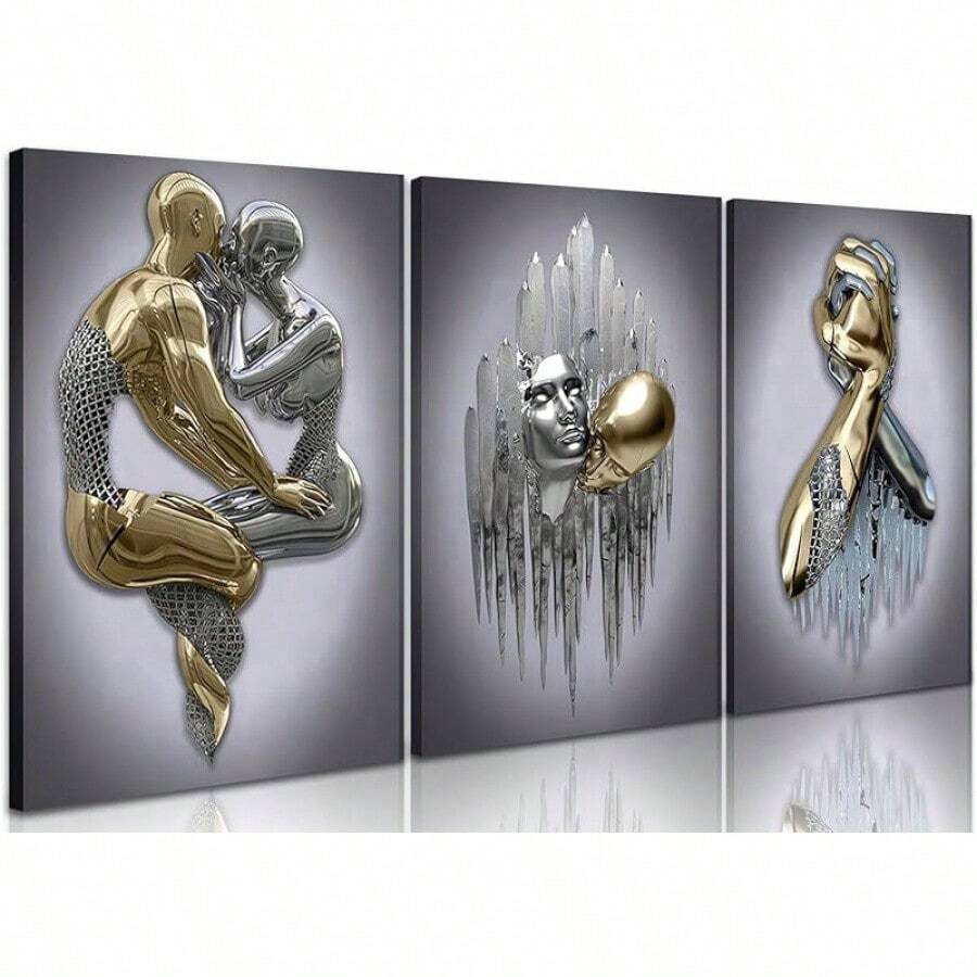 3 Pieces, Modern Bedroom Wall Art, Metal Effect Oil Painting Wall Decoration, Abstract Figure Statue Art Print Living Room Home Decor - 2D Flat - 銀色 - 查看 1