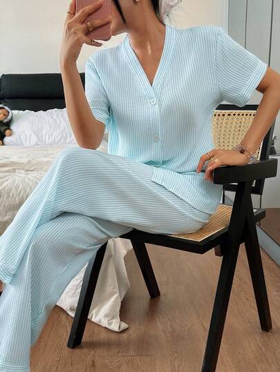 Conjunto de pijama feminino de 2 peças, blusa listrada com gola de beisebol e manga curta e calças compridas, roupa de dormir feminina para todas as estações