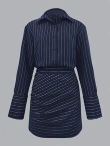 Women's Elegant Striped Turtleneck Flare Sleeve Bodycon Skirt Suit Set Spring - Blue - View 9