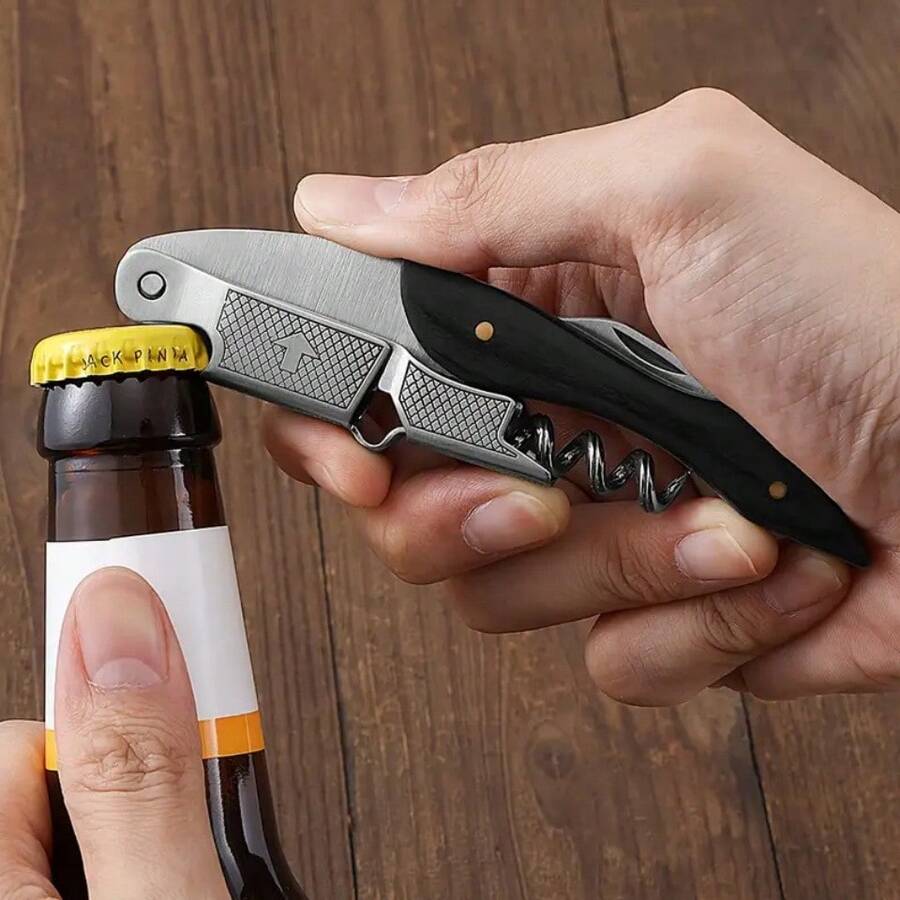 Abridor de botellas profesional premium con elegante mango de madera, sacacorchos manual con cortador de papel de aluminio y abridor de tapas de botellas, adecuado para bartenders, camareros y sumilleres