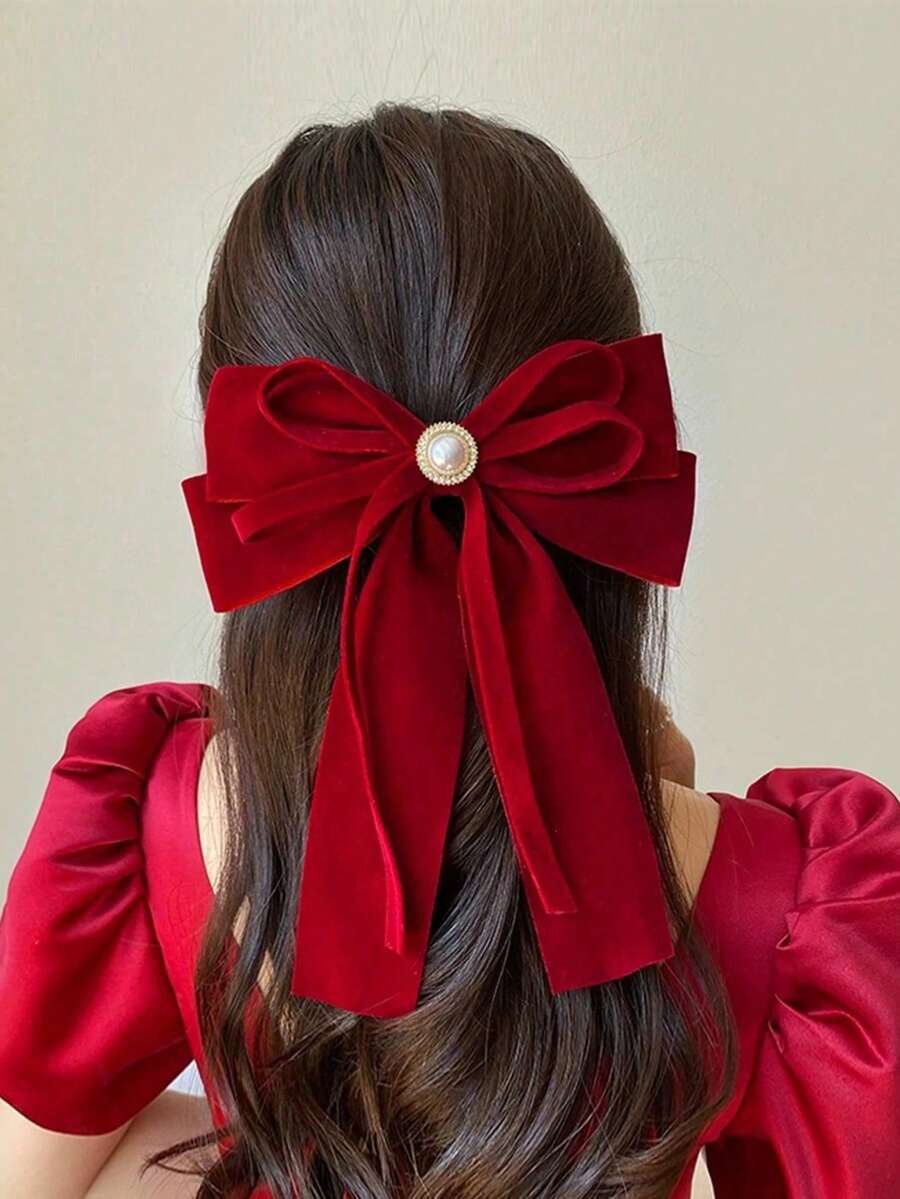 1pc Large Hair Accessory Bow With Ribbon Streamer For Girls, Red Spring Clip, Suitable For Holidays And Daily Use, Cute Valentine's Day Gift, School Supplies, Elegant, College, Bow - Red - View 1