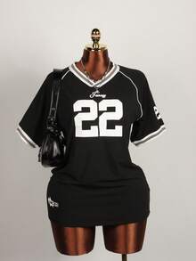 夏季 Y2K 字母条纹印花篮球 T 恤女式休闲 V 领半袖宽松上衣街头时尚 T 恤 - 黑色 - 查看 2