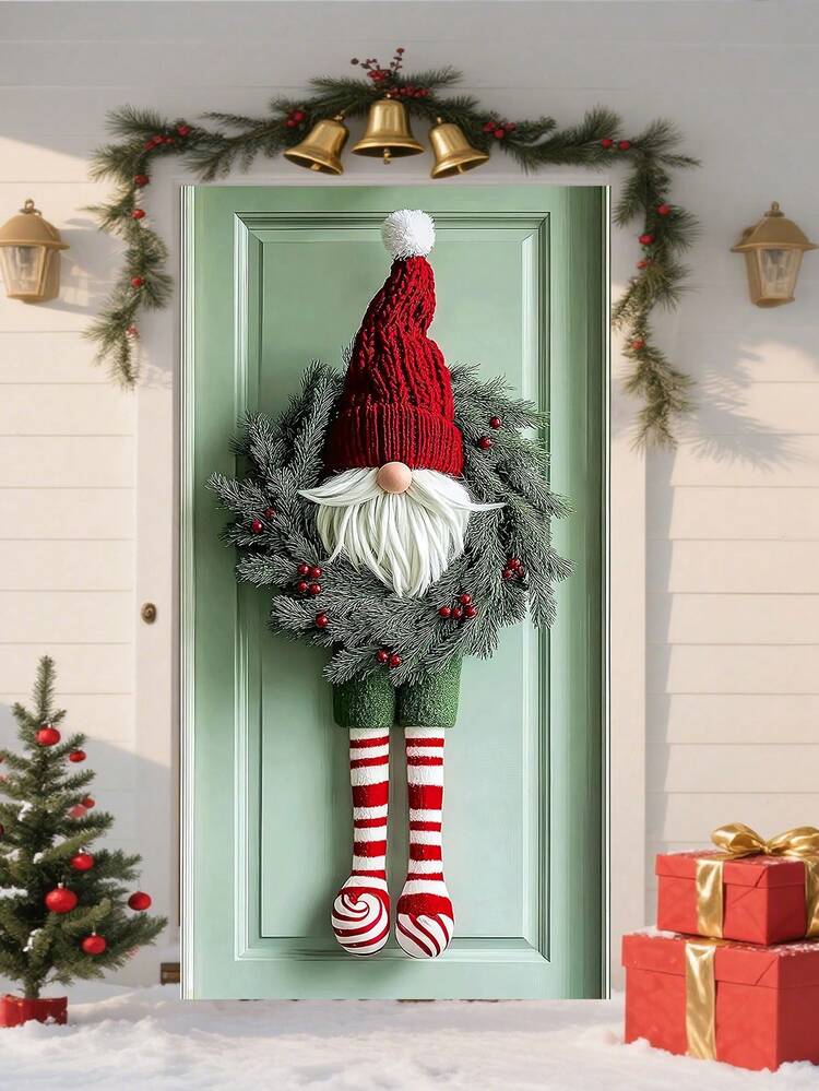 1個 クリスマスのこびと リース、リースとこびとの装飾が施されたクリスマススタイルのドアハンガー、ニット帽と縞模様のストッキング。クリスマス、自宅、オフィス、ドアの装飾、ホリデーハイライトに最適。クリスマスの装飾、新年の装飾、ハロウィンの装飾にも。 - マルチカラー - 見る 3