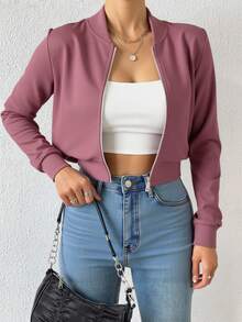 Chaqueta bomber corta con cremallera de color liso, chaqueta ligera de mujer de uso casual para primavera/otoño con manga regular, cuello tipo béisbol y ajuste regular en color negro liso - Rosa vieja - Ver 1