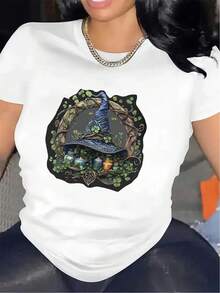 's Witch Hat & Wizard-Themed Short Sleeve T-Shirt - Black & White Magical Print Round Neck Blouse For Casual Wear & Costume Parties, Witchy Tshirt, Vintage T Shirts Halloween, Vintage Halloween T Shirt, Witch T Shirt, Spooky Season Shirt, Occult T Shirt, Witcher Shirt, Halloween Graphic Tee, Witches Halloween Shirt, Spooky Tshirt, Halloween Print Shirt, Witchy Shirts, Occult Shirt, Witch Tee, Ghost Shirt, Halloween Shirts, Funny Halloween T Shirt, Witch Shirt, Halloween Skull - trắng - Xem 11