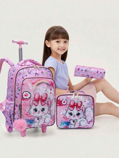BLING BABIES 3PCS Set Rolling Backpack For Girls, Cute Cartoon Cat Sequin Design Wheeled Bags With Lunch Box And Pen Bag Glow-In-The-Dark Function Pink