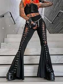 Gothic Lace Flared Pants Are A Must-Have For Women's High-Waisted Y2K Women's Retro And Sexy Slimming Pants In Fashionable Outfits, Festival Streetwear Fashion Must-Have - 黑色 - 查看 7