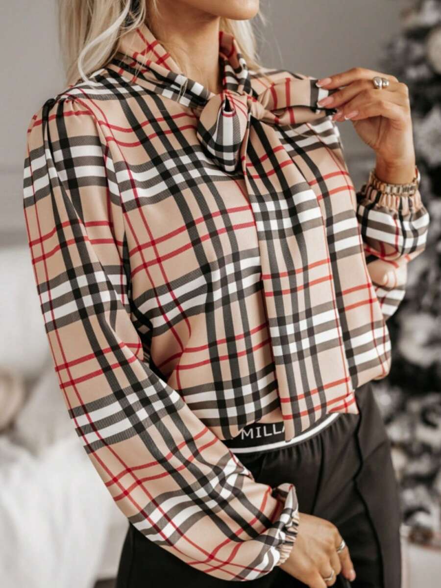 女式格子蝴蝶结泡泡袖衬衫，常规版型针织上衣，领口系带 - 彩色 - 查看 1