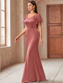 MIUSOL Elegant Sequin Lace Sweetheart Neck Ruffle Sleeve Satin Mermaid Hem Formal Party Maxi Fitted Dress Wedding Spring - Dusty Pink - View 6