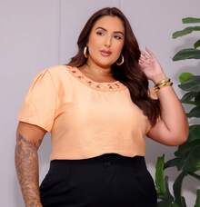 Blusa Camisa Feminina Plus Size Bordada Festa - Laranja - Visão 3