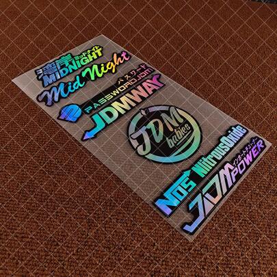 7 件赛车赞助商贴纸套装、适用于 JDM 的乙烯基贴花、激光渐变 JDM 摩托车侧条纹、自行车头盔贴纸、汽车造型乙烯基贴花