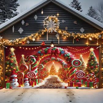 Christmas Winter Garage Banner - Farmhouse Style Snowman, Candy Cane, Tree, Bow Polyester Decoration, Suitable For Home Wall, Yard, Multi-Purpose, No Electricity Required