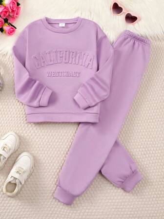 8-12岁女童秋冬装，火龙果色/紫色/杏色特别印花长袖卫衣和裤子套装，休闲运动风