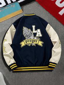 Men's Long Sleeve Casual College Style Patch Button Baseball Jacket, Fall Men Graphic Varsity Jacket, Christmas,Valentine's Day Gift