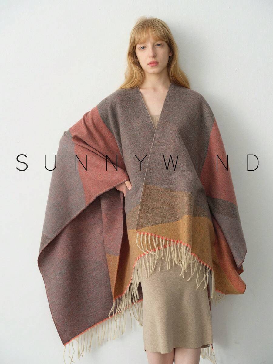 1 件女士几何图案涤纶休闲百搭保暖披肩，适合日常使用 - 紅色 - 查看 1