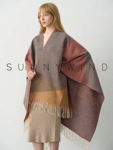 1 件女士几何图案涤纶休闲百搭保暖披肩，适合日常使用 - 紅色 - 查看 9