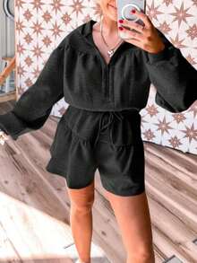 Womens Athletic Romper Half Zip Hoodie Long Sleeve One Piece Jumpsuit Sporty Dress Fall Work Out Outfit - 黑色 - 查看 5