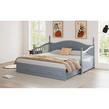 Solid Wood Pull-Out Sofa Bed 90/180*190 Cm, With Roman Columns, With Curved Backrest And Armrests, With Drawers And Slatted Frame, Multifunctional Bed Made Of Pinewood, Grey - Grey + Wood + 90cm*190cm - View 6
