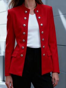 Women's Simple And Elegant Double-Breasted Button-Front Blazer - Women's Work Jacket. Stylish Long-Sleeved Jacket With Office-Style Faux Pockets. Black Polyester Jacket With Flap Pockets. - Red - View 5