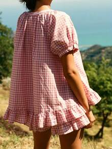 Women's Gingham Short Sleeve Ruffled Top And Elastic Waist Ruffled Shorts Summer Casual Set - Hồng - Xem 5