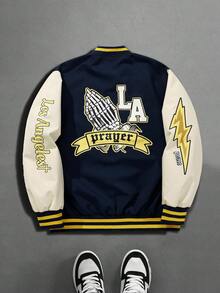 Men's Long Sleeve Casual College Style Patch Button Baseball Jacket, Fall Men Graphic Varsity Jacket, Christmas,Valentine's Day Gift