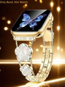 1pc Compatible With Apple Watch Band Watch Strap Women, Black Five Leaf Clover Diamond Golden Copper Strap, Summer Flowers Metal Bracelet,Compatible With Apple Watch 38/40/41/42/44/45/46/49 Mm, Compatible With Apple Watches Series Ultra3/2/1/Se/10/9/8/7/6/5 4/3/2/1, Ms Old Money Wind High Fashion Accessories - bạch kim - Xem 4