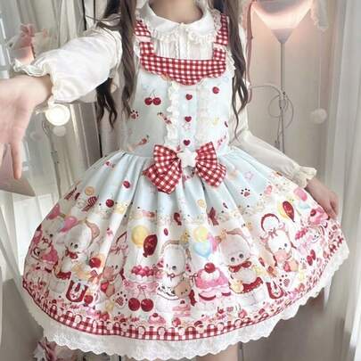 1 pieza Falda de pastel con adorno de encaje con estilo de macarrón, dulce y lindo, vestido Lolita con estampado de fiesta de cumpleaños de animales pequeños, se debe usar con blusa, camiseta interior y enagua