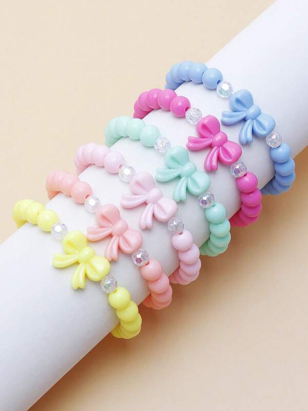 6 pièces/set Bracelet à breloques en perles avec nœud mignon, set de bijoux. Bracelets en perles multicolores pour adolescentes, convient pour l'école, les anniversaires, les fêtes, le quotidien, le campus, les vacances
