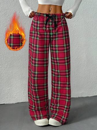 Women's Plush Plaid Lounge Pants, Warm Long Pants With 3D Bow, Comfortable Autumn/Winter Sleepwear, Soft Homewear Pants