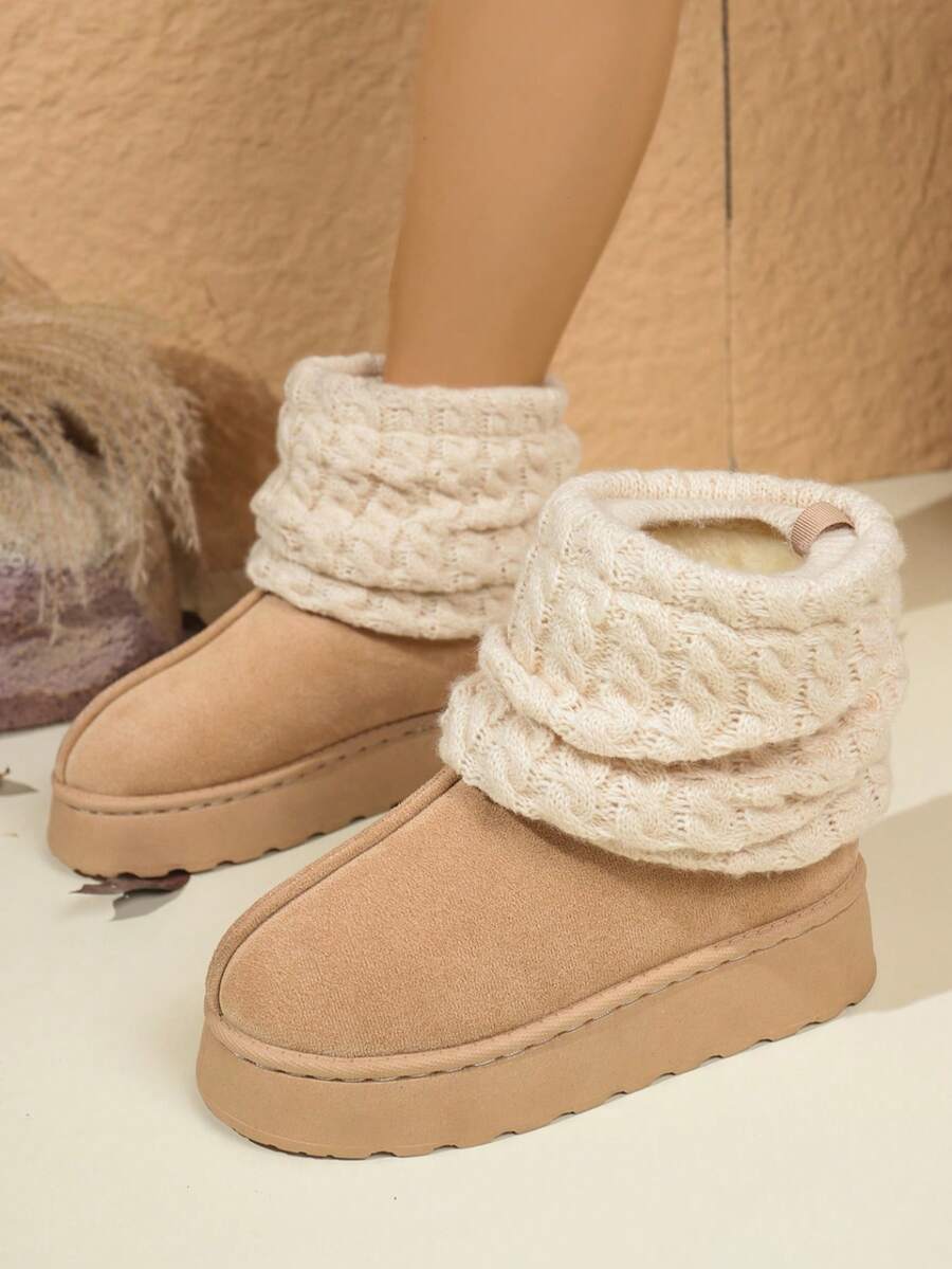 Cute Warm Thick-Soled Comfortable Boots, Fashionable And Versatile Plush Lining Short Ankle Personalized Fitted Non-Slip Knitted Snow Boots - Beige - View 1