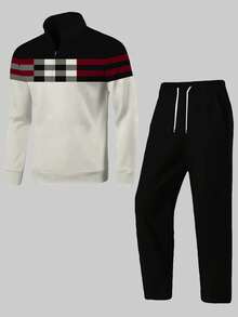 Autumn/Winter New Men's Casual Stand-Up Collar Suit, Including A Half-Zipped Stand-Up Collar Top With Black/Red/Graywhite Plaid Stripes, And A Black Drawstring Casual Long Pants. Sports, Street Style Suit, Men's Clothing, Men's Suit.  Striped    Spring/Fall    Regular Fit    Pocket  Zipper    Going Out  Daily - 彩色 - 查看 2