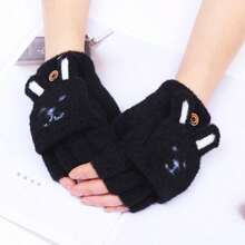 Plush Bunny Face Winter Gloves With Bunny Ears And Pink Flap Half Finger Design - Soft, Durable, Hand Washable Winter Gloves For Girls - Màu xanh nhạt - Xem 4
