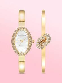 ANNE KLEIN 女士金色椭圆形手表和手链套装，搭配白色珍珠贝母表盘、水晶结链和珍珠刻度，防溅 - 均碼 - 查看 5