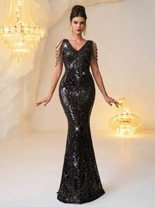Elegantes Damen Abendkleid in Schwarz mit V-Ausschnitt, Pailletten, Perlen und Kristallkette, Meerjungfrauenschnitt, geeignet für formelle Abendessen, Partys, Hochzeiten, Geburtstagsfotoshootings, Dates