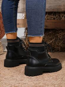 2025新款厚底圆头方跟休闲百搭女式踝靴，舒适系带，不累脚，时尚靴子 - 黑色 - 查看 4