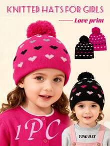 1pc Kids Colorful Heart Print Beanie Hat, Thin Knit Warm Hat With Cute Pom Pom Decor, Suitable For Autumn/Winter Daily Wear, New Year, Christmas, Dopamine Outfit