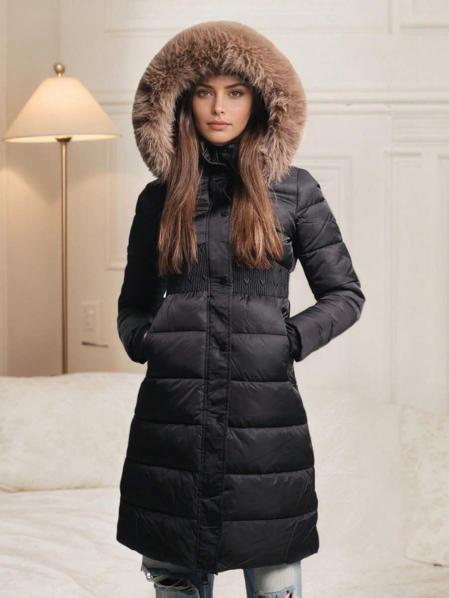 Manteau long matelassé et rembourré d'hiver pour femmes avec capuche en fausse fourrure. Isolation de haute qualité et longueur longue pour une chaleur supérieure. - Noir + Marron - Voir 1