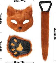 4 Pcs Faux Fur Therian Mask And Tail Set For Women Halloween Furry Cat Ears Fox Mask Paw Tail Choker Cos Accessories,24196892 - 棕色 - 查看 5