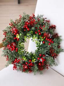 15.75 Inch Artificial Christmas Wreath With Red Berries - Rustic Plastic Eucalyptus Wreath With Red Berries And Holly, Indoor/Outdoor Holiday Decor