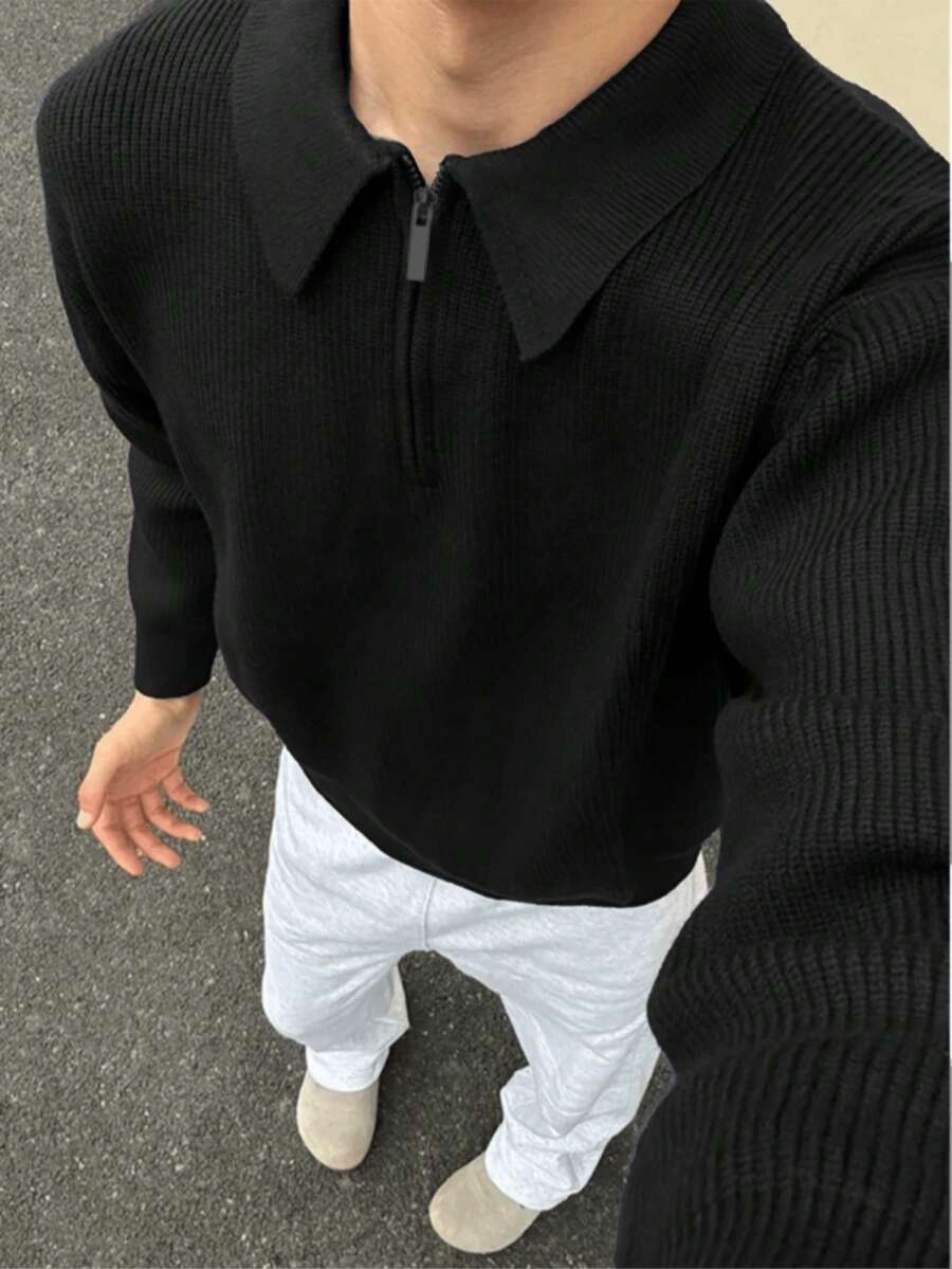 1pc Boys & Teens' Simple Solid Color Comfortable Casual Outdoor Zip-Up Warm Thick Knit Sweater, Spring/Autumn/Winter - 黑色 - 查看 1