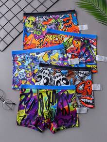 5pcs/Pack Tween Boy Graphic Print Hipster Briefs, Graffiti Design, Comfortable Underwear