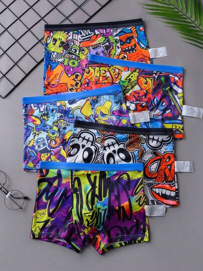 5pcs/Pack Tween Boy Graphic Print Hipster Briefs, Graffiti Design, Comfortable Underwear