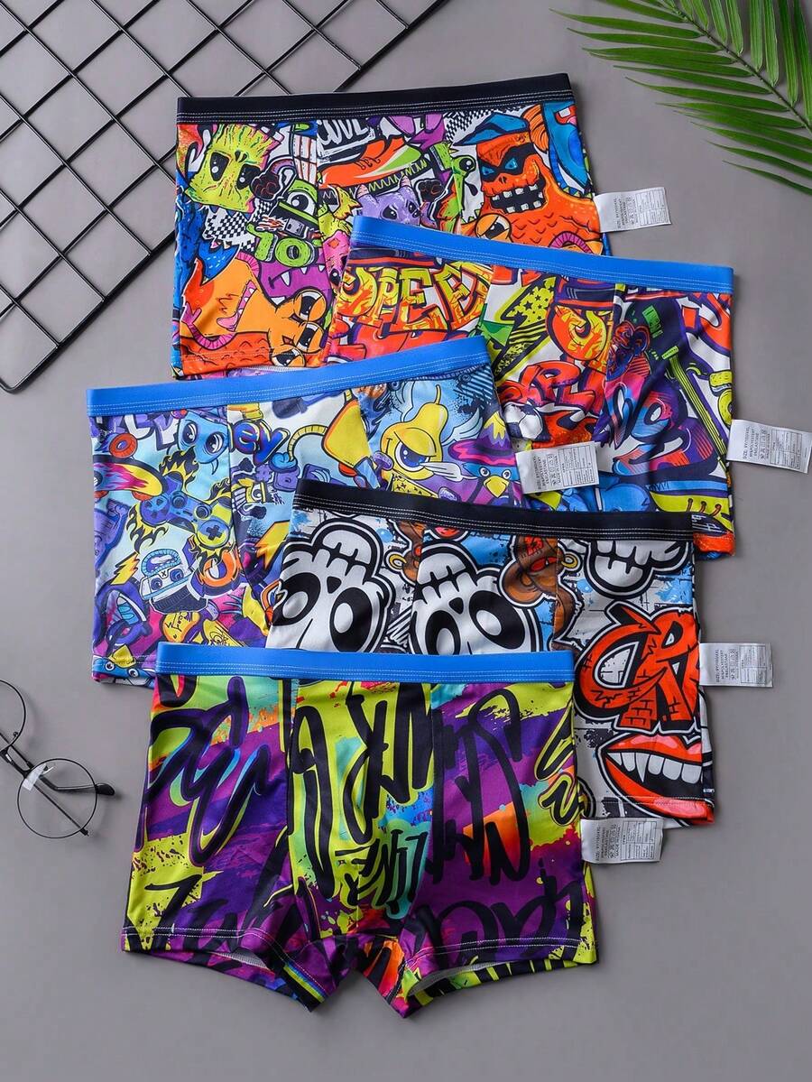 5pcs/Pack Tween Boy Graphic Print Hipster Briefs, Graffiti Design, Comfortable Underwear