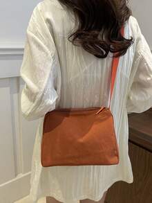 1pc Solid Color Polyester Casual Zipper Crossbody Bag, Suitable For Women's Daily Use - Orange - View 5