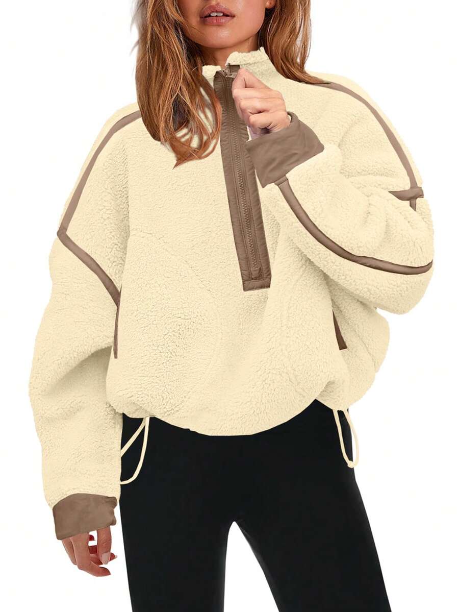 Women's Viral Sherpa Pullover Oversized Half Zip Sweatshirt | Cozy Y2K Winter Loungewear With Pocket Tumbler Fit - 米色 - 查看 1