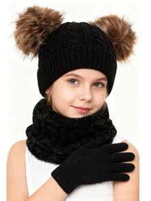 3pcs Set - Kids Winter Warm Thick Ear Ion Hat, Gloves, Scarf 3 Pieces Set, Suitable For Boys & Girls, Fits Ages 3-8 - Multicolor - View 3