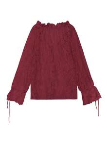 ii 女士优雅刺绣蕾丝薄纱衬衫，适合度假和春季穿着 - 酒紅色 - 查看 7