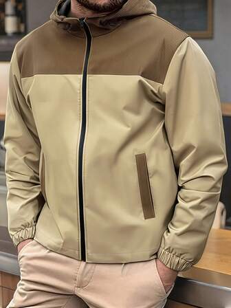 New Men's Contrast Color Raglan Sleeve Zip-Up Casual Hooded Lightweight Jacket
