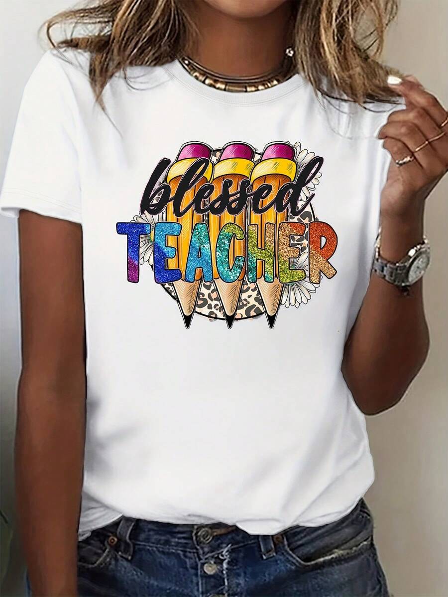 Women's Plus Size T-Shirt, Teacher Appreciation Gift Shirt With Colorful Pencil Design For Educators And Classroom Professionals, 220g - 白色 - 查看 1