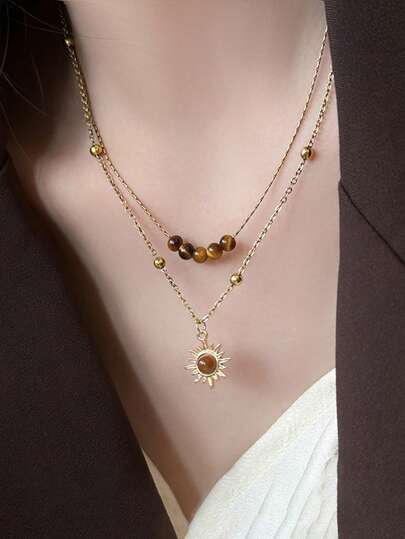1pc Vintage Gold Sunflower & Tiger Eye Stone Necklace, Layered Wear Sweater Chain, Clavicle Necklace Accessory, Suitable For Party And Banquet, Autumn/Winter